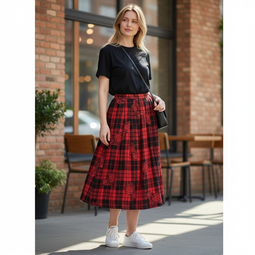 Vintage Red & Black Plaid Pleated A Line Midi Skirt Sz 14 Preppy Teacher Style
